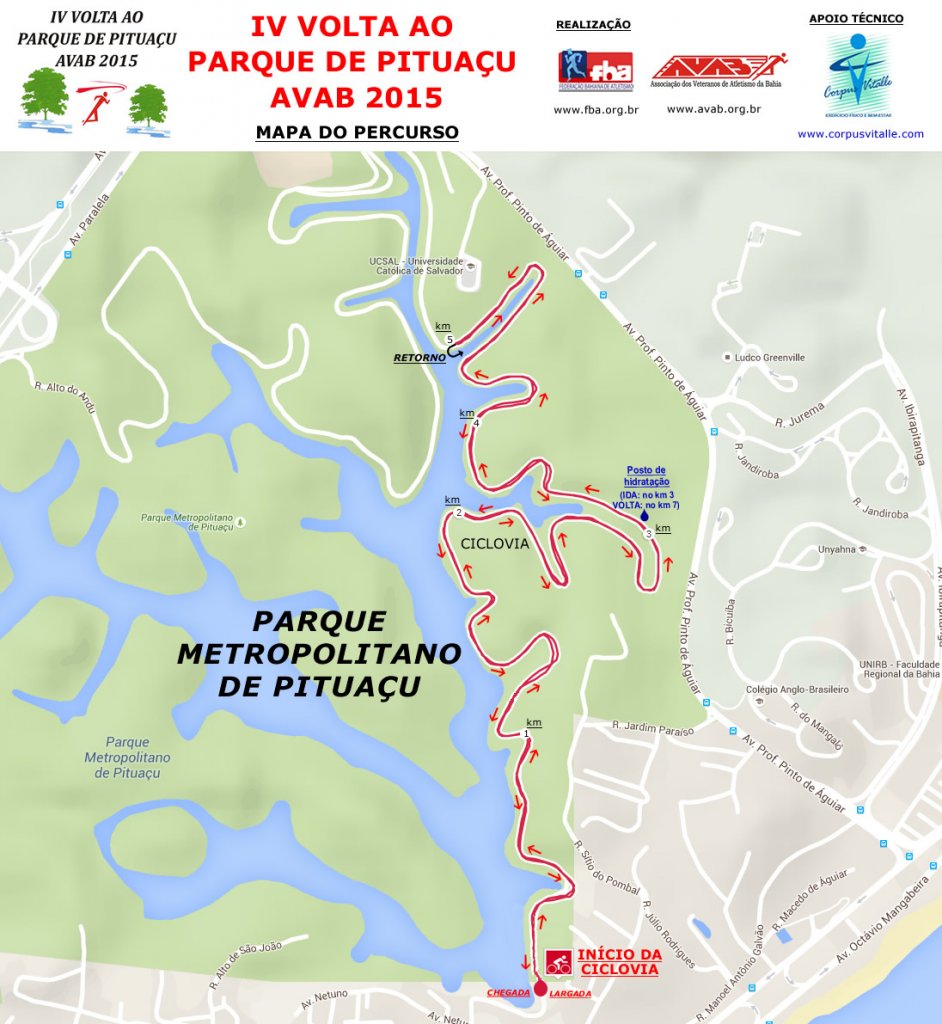 Mapa do percurso (10km) da IV Volta ao Parque de Pituaçu AVAB 2015